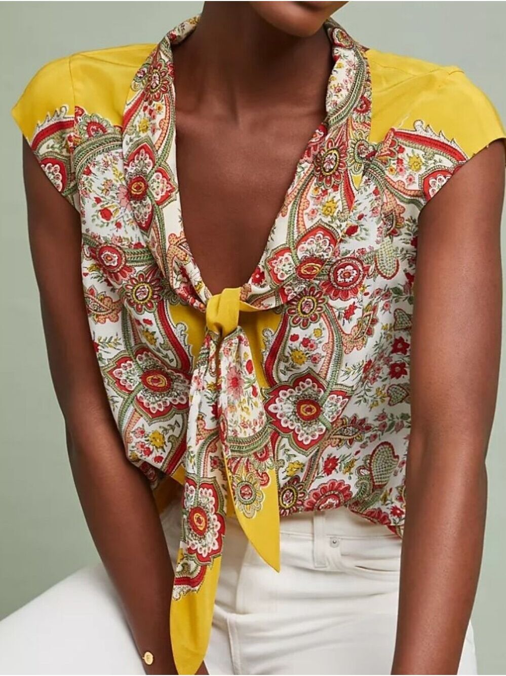 Maeve Anthropologie Silk Paisley Tie Front Cap Sleeve Top Size 4